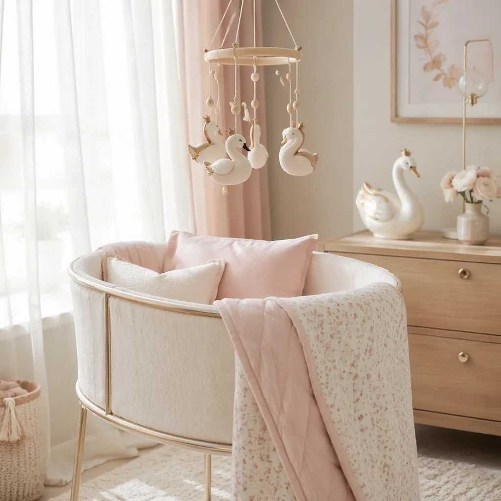 Cozy pastel nursery with a swan mobile and soft golden accents inspired by the name Odette.