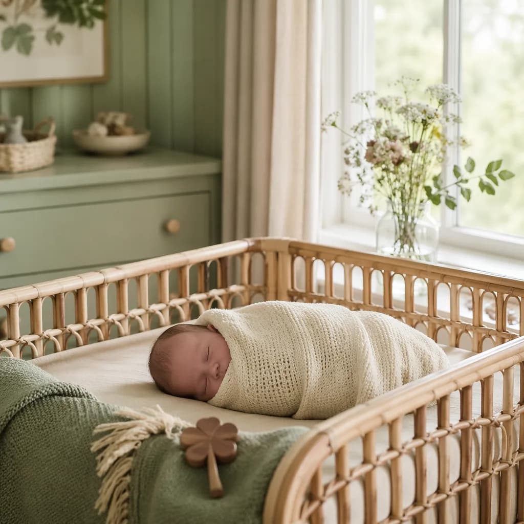 A softly lit Irish-inspired nursery with a swaddled sleeping baby, sage accents, and gentle wildflower details.