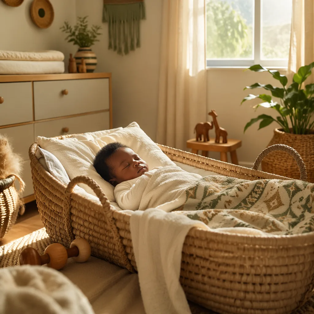 Peaceful Nigerian-inspired nursery with a sleeping newborn in a woven basket and soft pastel decor.