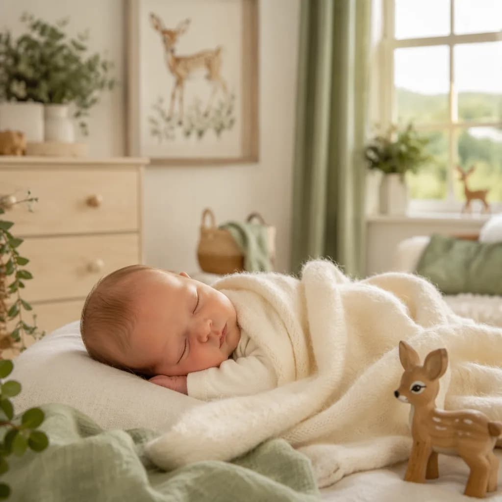 Cozy Irish-inspired nursery with a sleeping baby, ivory blanket, and wooden deer toy.