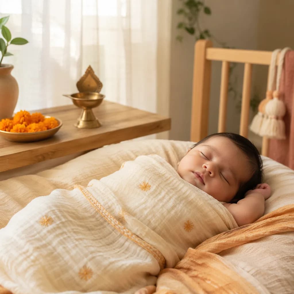Peaceful newborn in a softly lit modern Indian nursery with warm pastel accents.