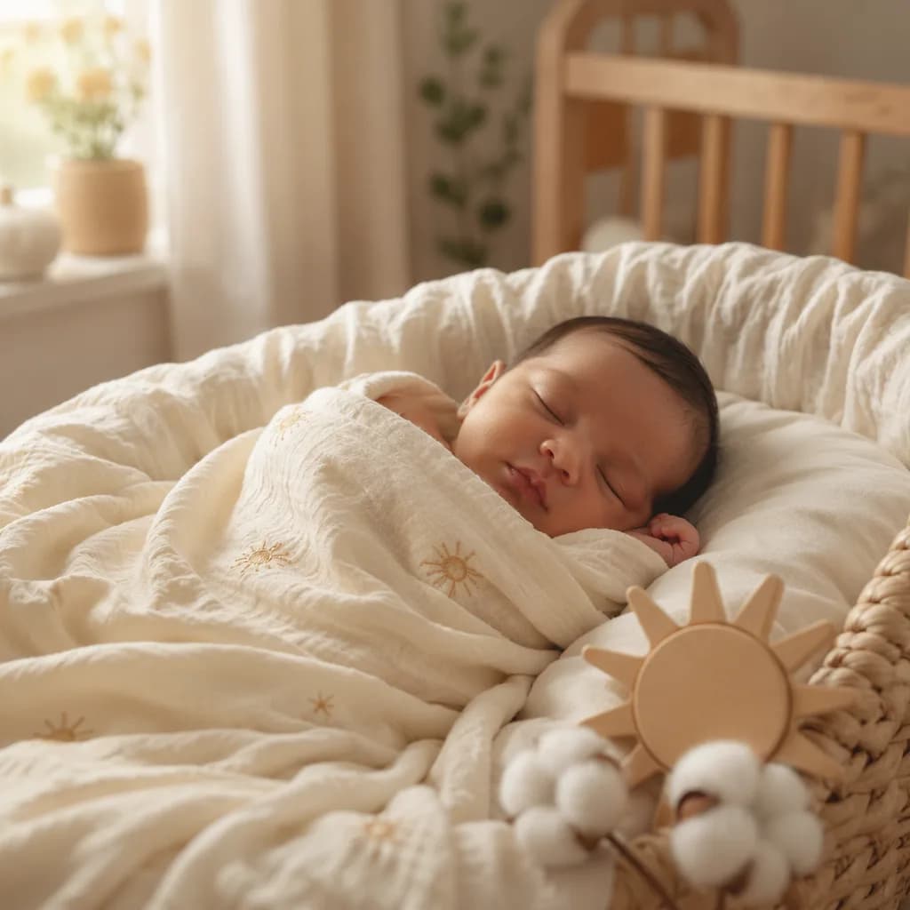 Peaceful baby in a soft pastel nursery with warm golden accents.