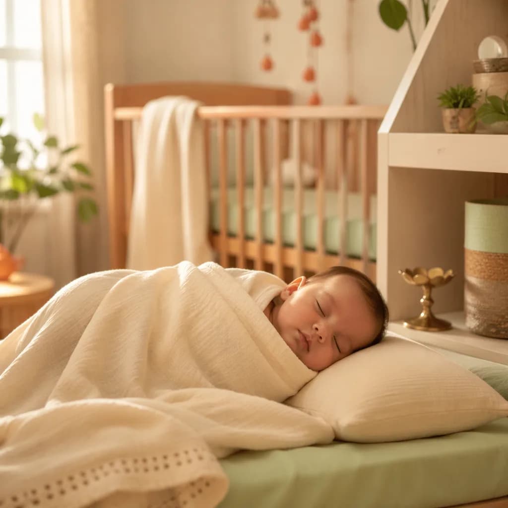 Peaceful baby in a warm pastel nursery with soft golden light, evoking vitality and radiance.
