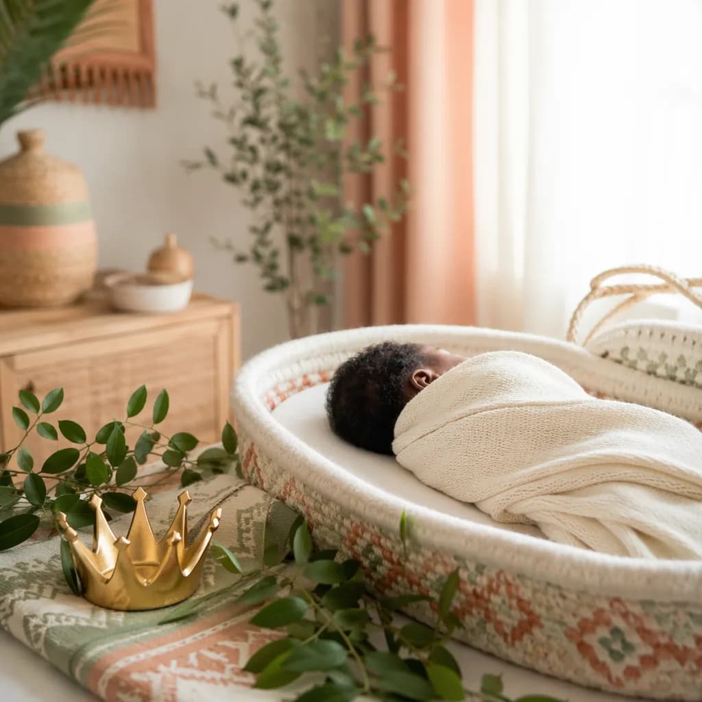 Sleeping Yoruba newborn in a soft nursery with pastel woven textiles and a crown keepsake.