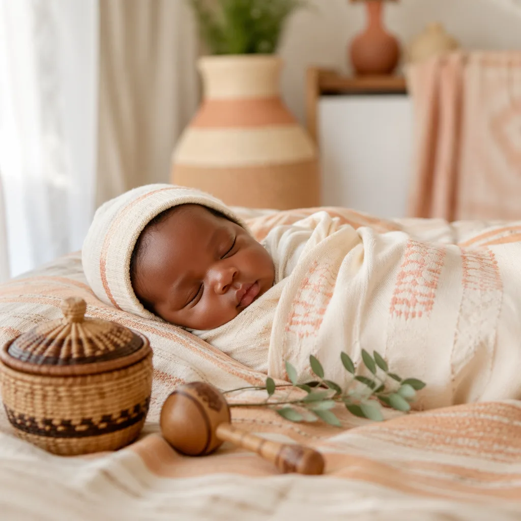 Sleeping newborn in a warm pastel nursery with subtle Yoruba-inspired accents.
