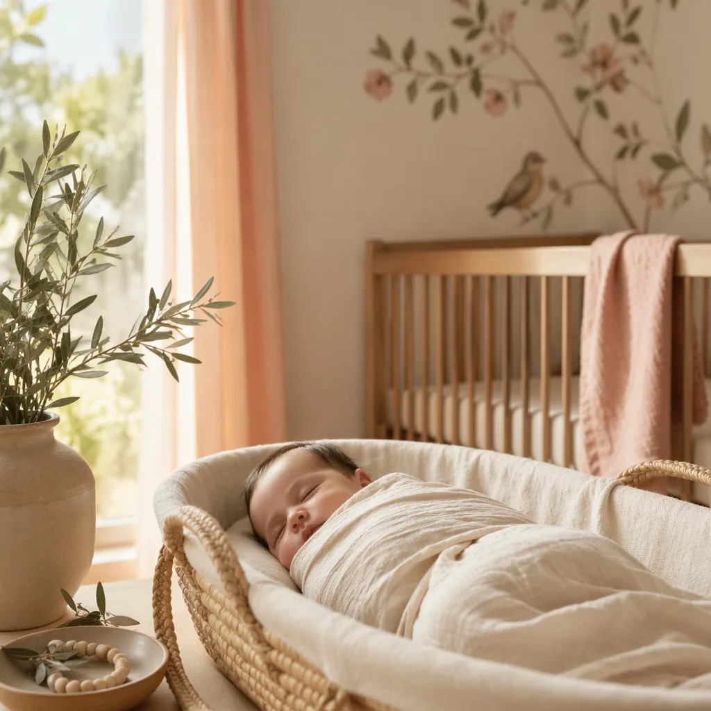 Sleeping baby in a soft Spanish-inspired nursery with an olive branch.