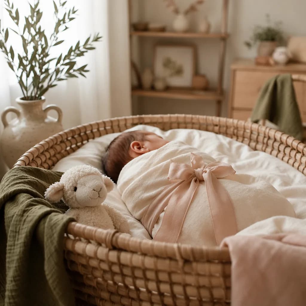 Cozy Spanish nursery with a swaddled baby, olive branch, ribbon, and plush lamb.