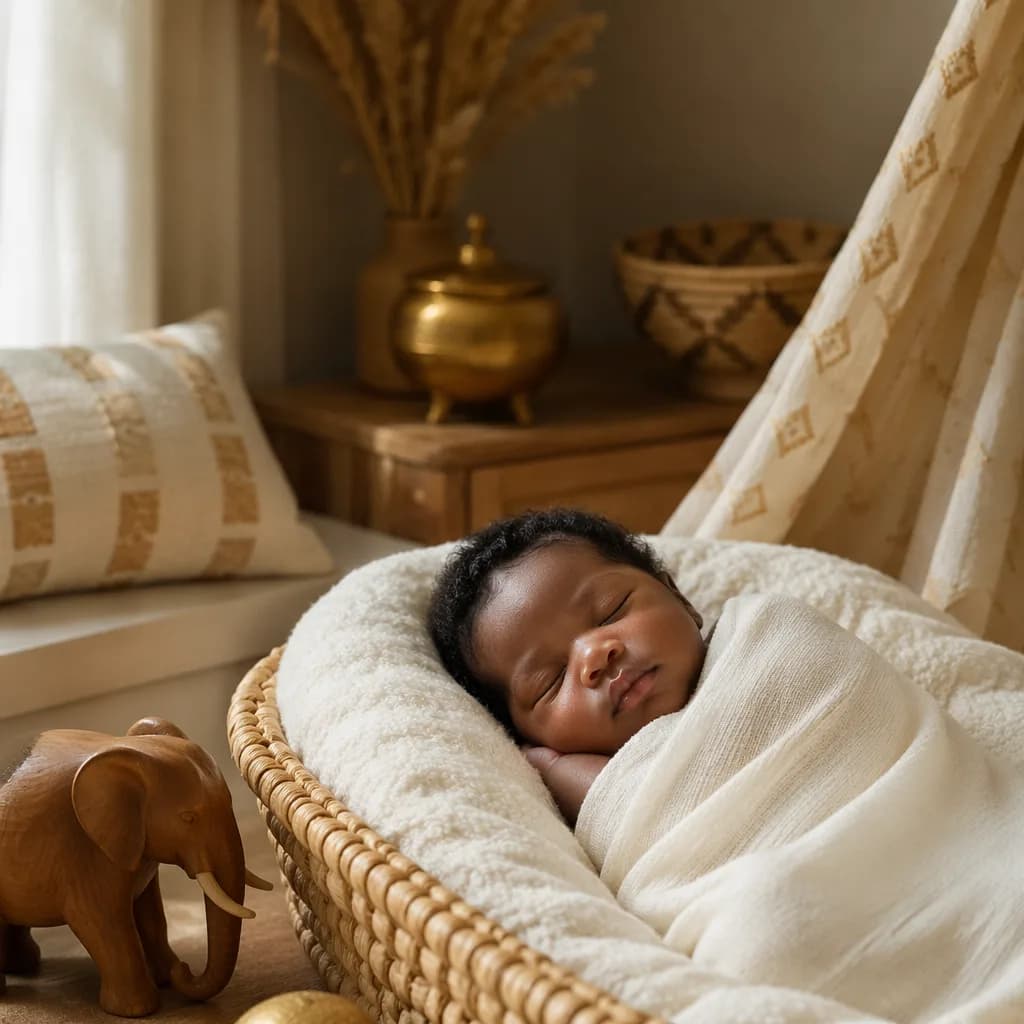 Sleeping newborn in a cozy pastel nursery with Yoruba-inspired textiles and warm natural light.