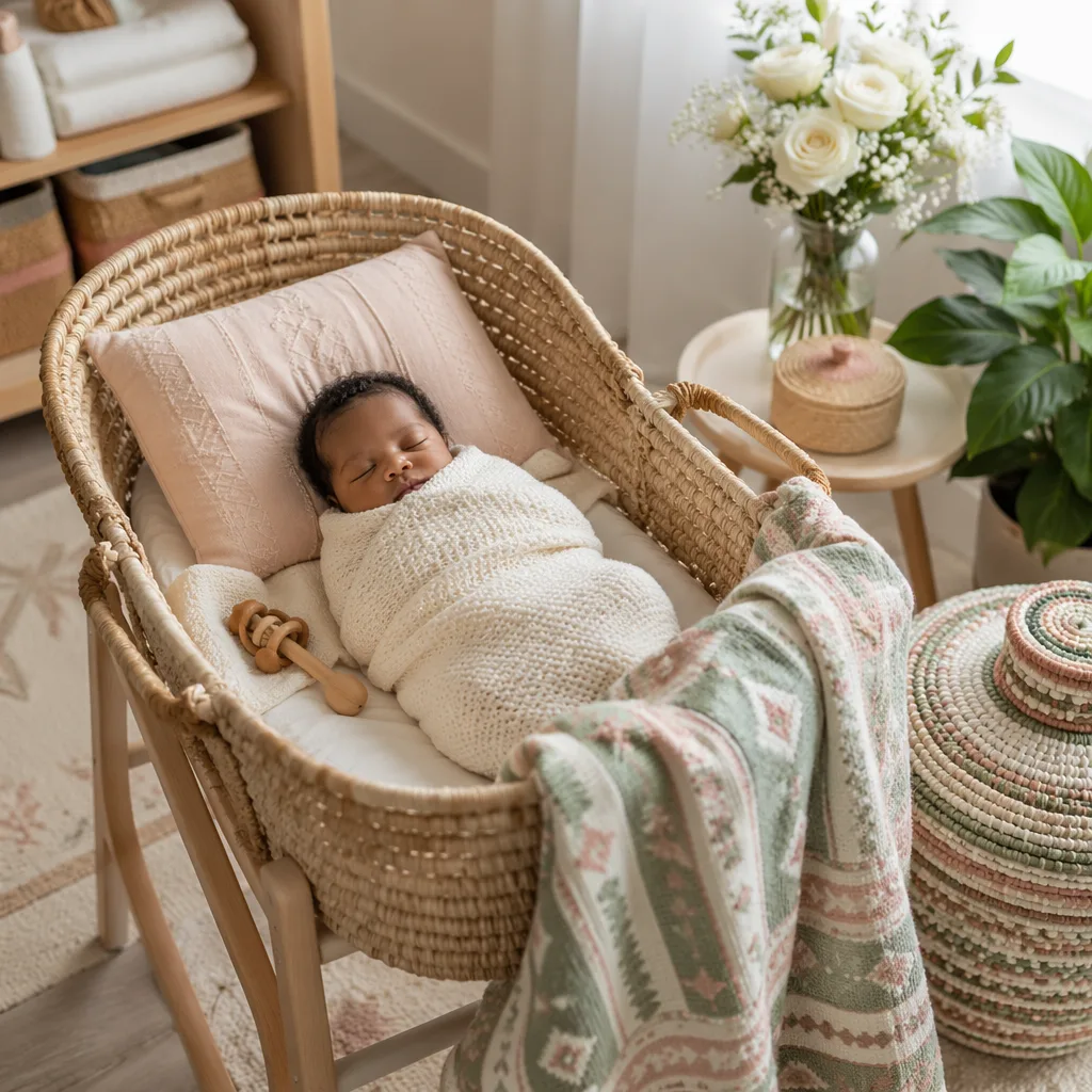 Peaceful newborn in a cozy Yoruba-inspired nursery with soft pastel accents.