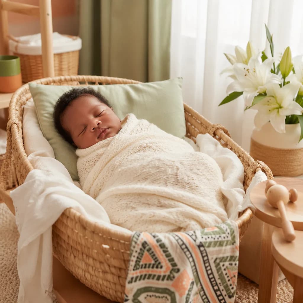 Sleeping newborn in a warm Yoruba-inspired nursery with soft pastel decor.