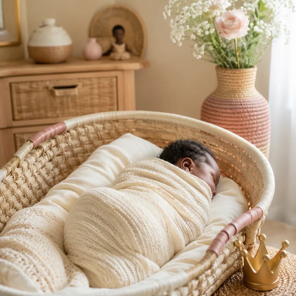 Peaceful Yoruba-inspired nursery scene with a swaddled newborn in a woven bassinet and a small crown keepsake.