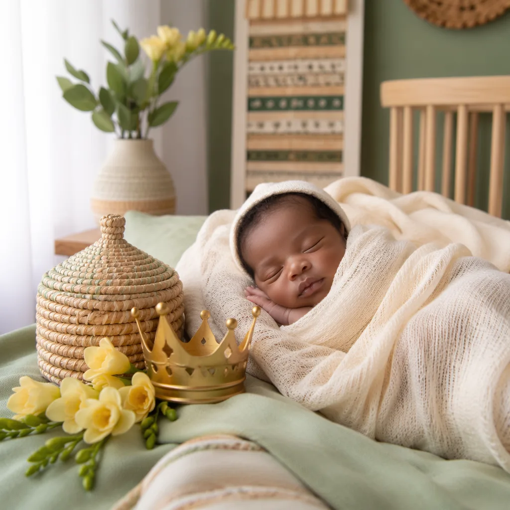 A peaceful newborn in a cozy pastel nursery with a small crown keepsake and soft flowers symbolizing blessing and joy.