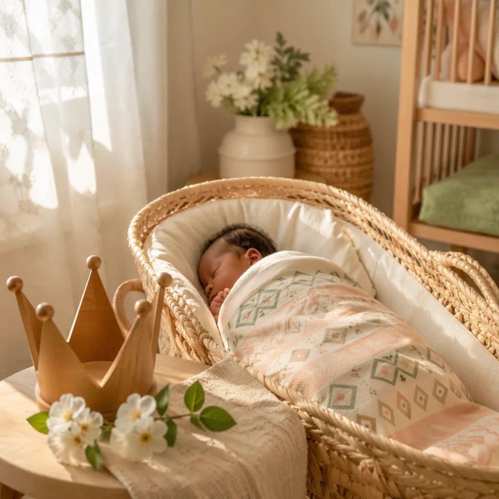 A peaceful Yoruba-inspired nursery with a swaddled newborn in a woven basket and soft crown keepsake.