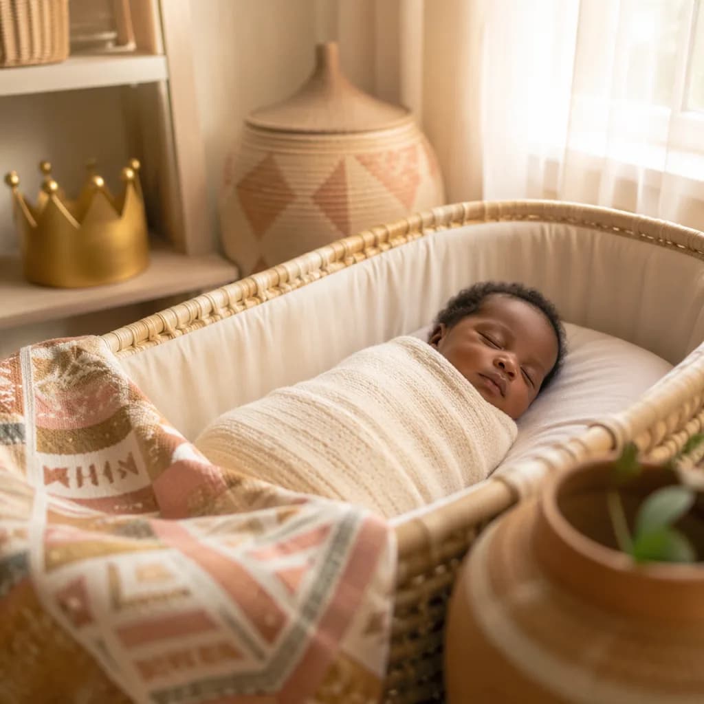 Sleeping newborn in a soft Yoruba-inspired nursery with a subtle crown ornament.