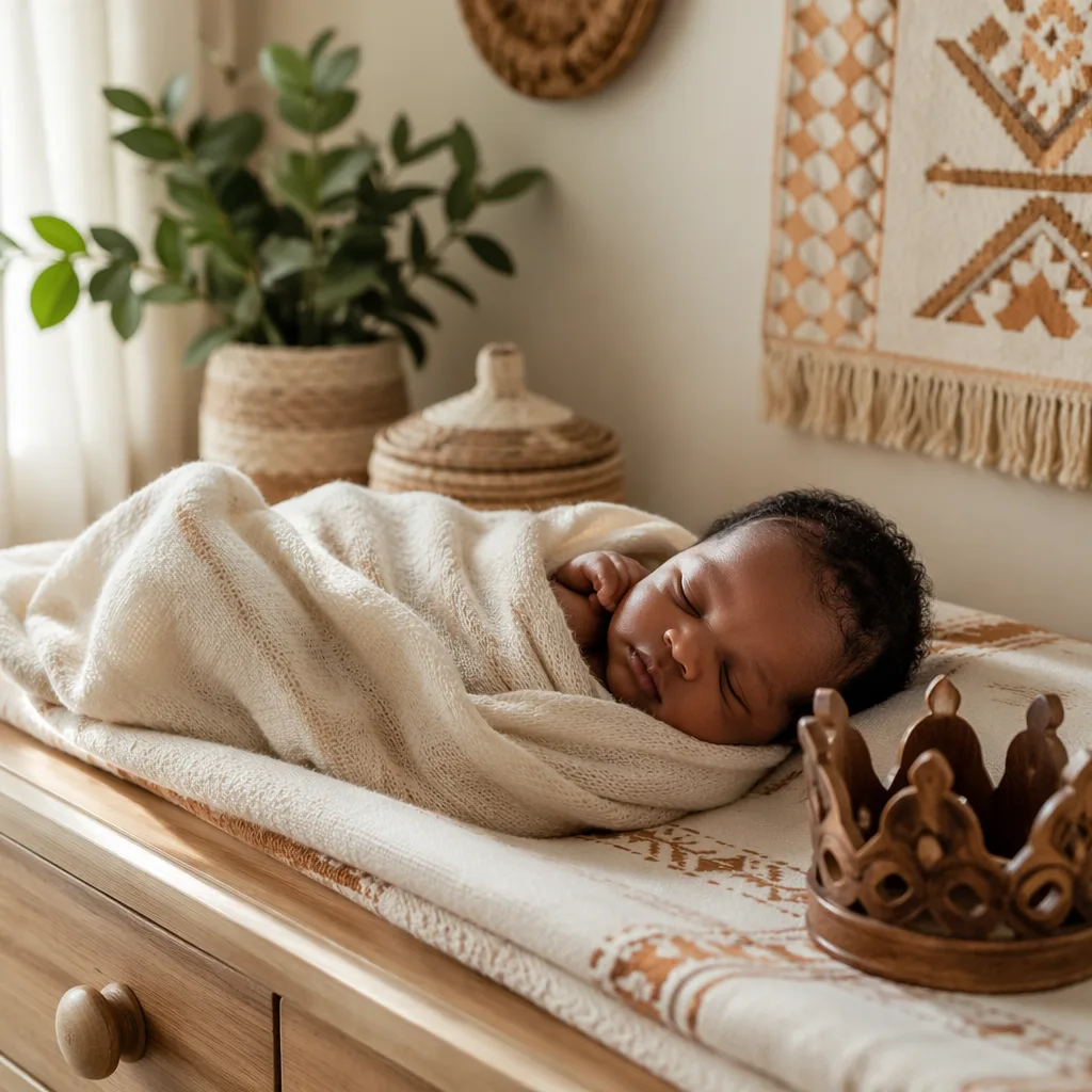 Sleeping newborn in a soft Yoruba-inspired nursery with warm light and pastel textiles.