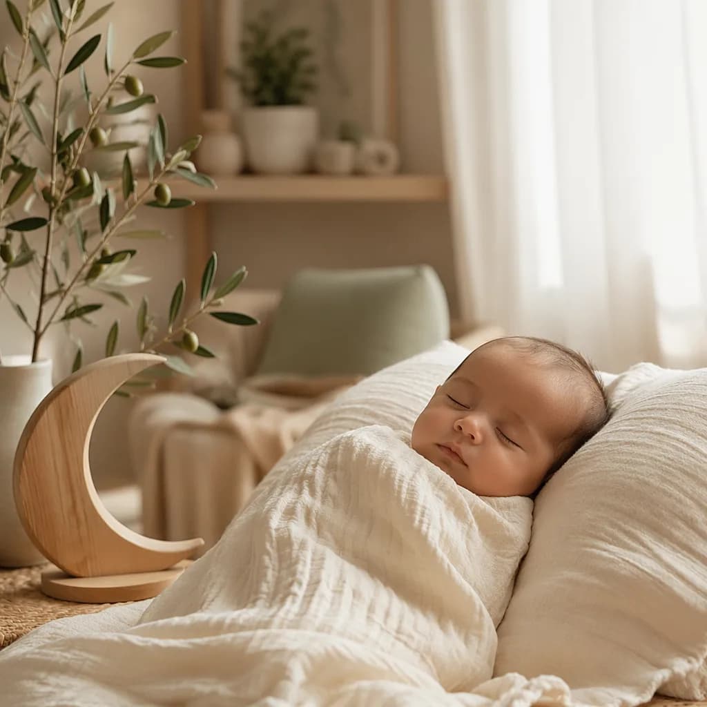 A peaceful baby in a warm, softly lit nursery with olive branch and crescent decor.