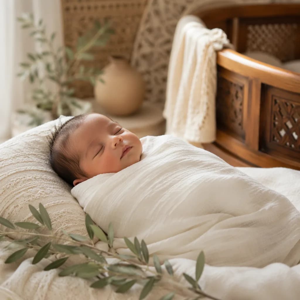 Sleeping newborn in a soft Arabic-inspired nursery with warm natural light