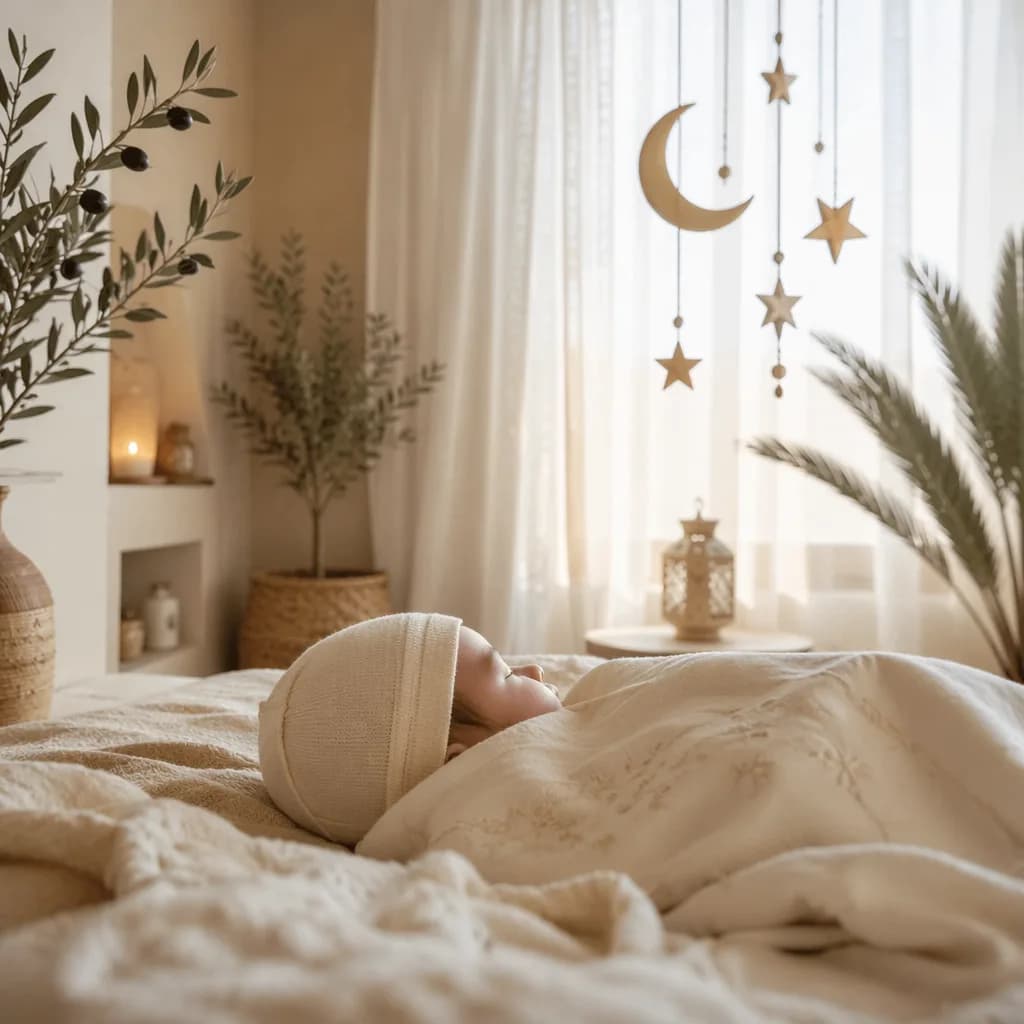 A peaceful swaddled baby in a softly lit Arabic-inspired nursery with crescent and star decor.
