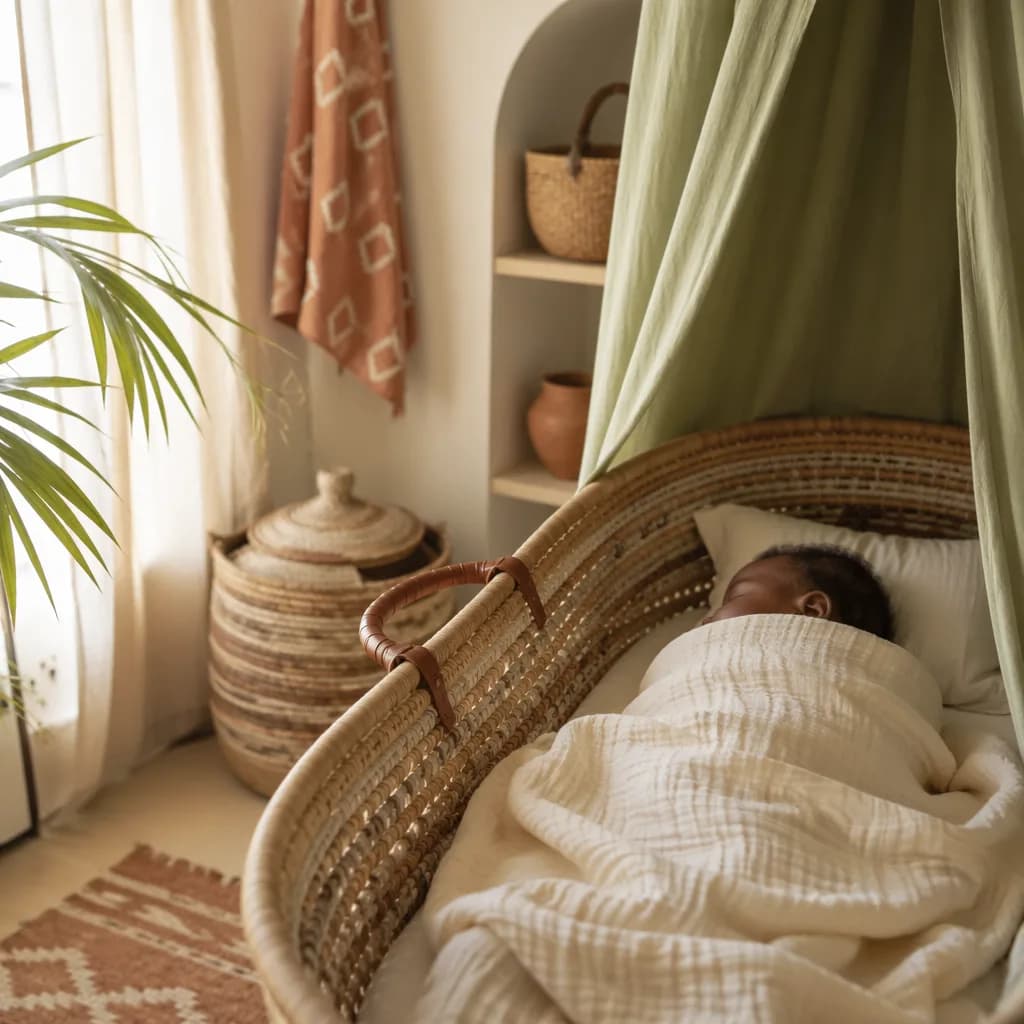 Sleeping baby in a warm pastel nursery with woven Swahili-inspired details.