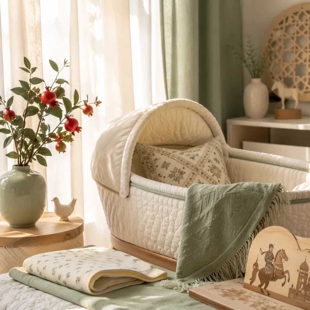Soft Persian-inspired nursery still-life with bassinet, pastel textiles, and warm morning light.
