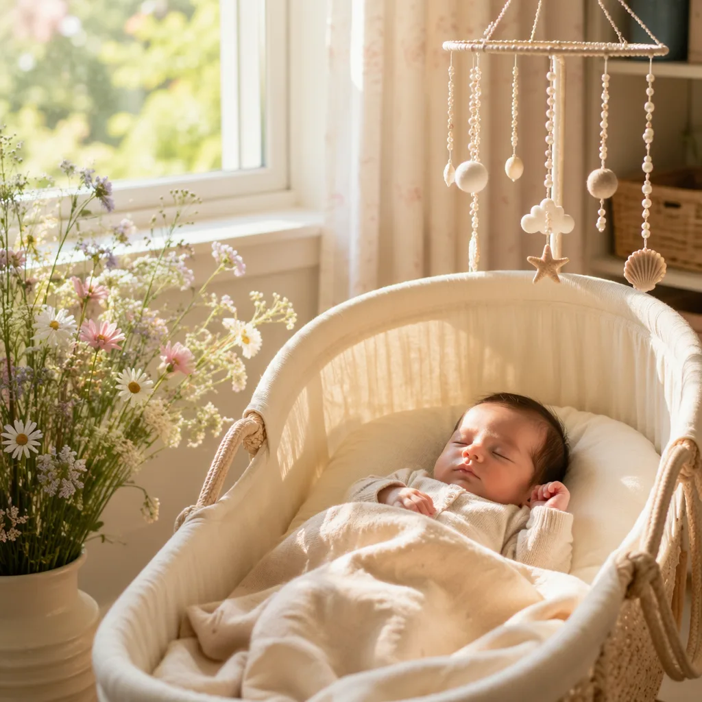 A sleeping newborn in a soft pastel nursery with gentle June sunlight and flowers.