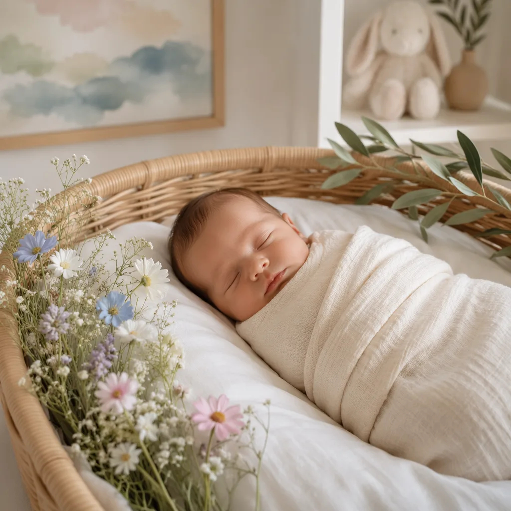 Sleeping baby in a soft pastel nursery with delicate flowers and gentle natural light.