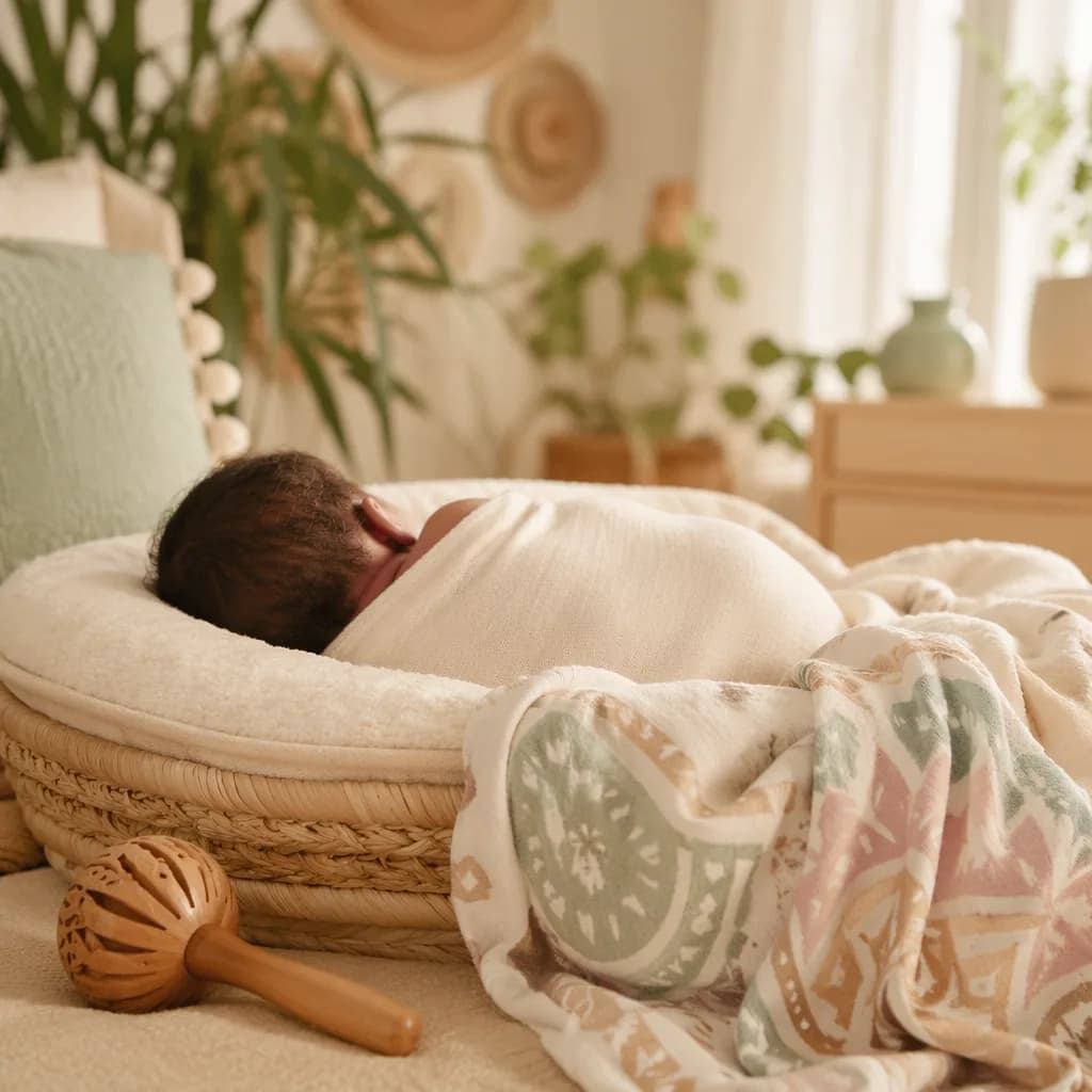 Peaceful swaddled newborn in a softly lit nursery with subtle Yoruba-inspired details.
