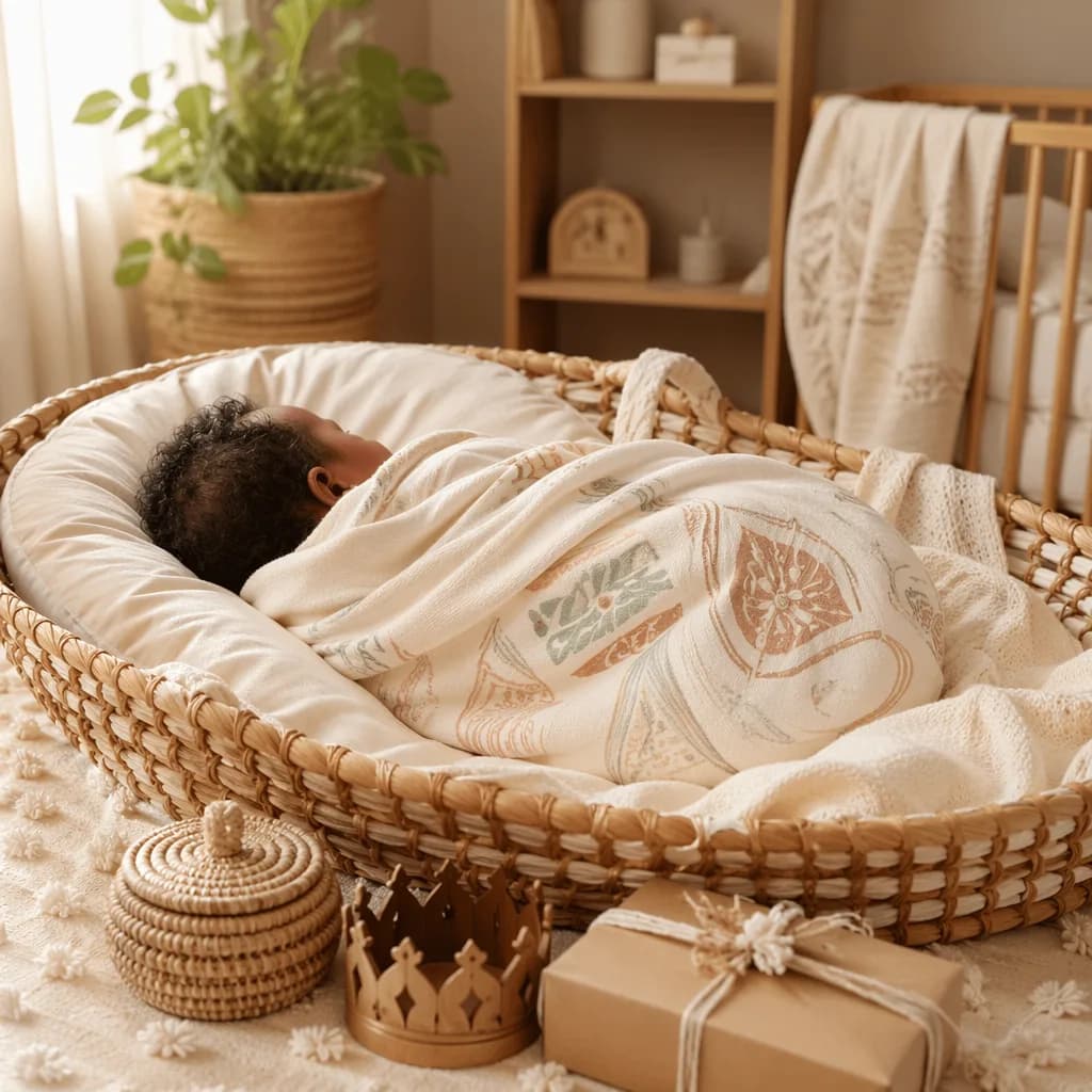 Sleeping newborn in a cozy Yoruba-inspired nursery with soft pastel accents and a small crown keepsake.