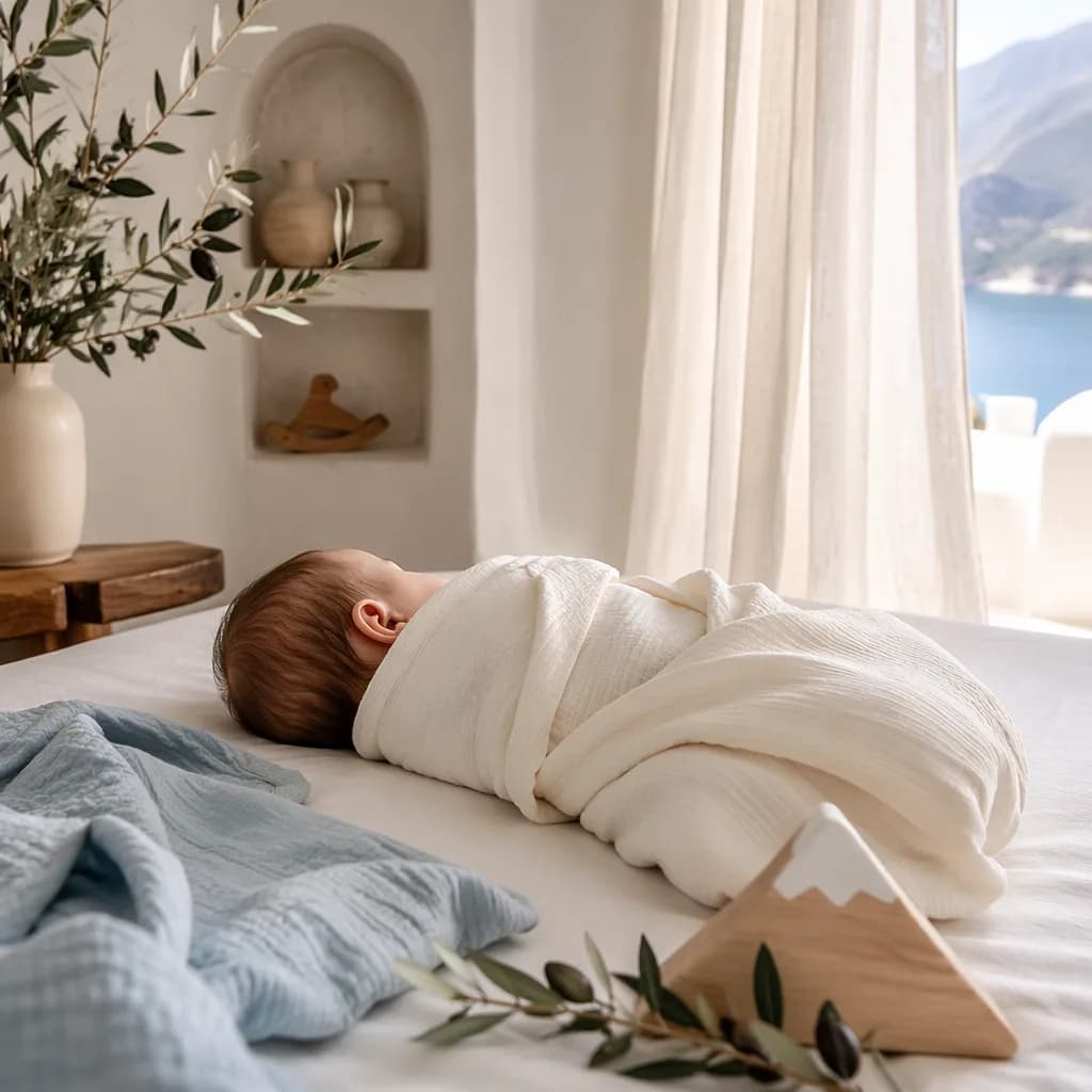 A peaceful Greek-inspired nursery with a swaddled baby, olive accents, and a wooden mountain toy.