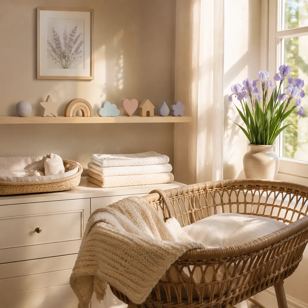 Soft Italian nursery with irises, a wicker bassinet, and pastel keepsakes.