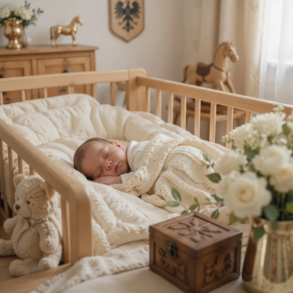 Sleeping baby in a soft pastel nursery with heirloom accents inspired by the German name Ottilie.