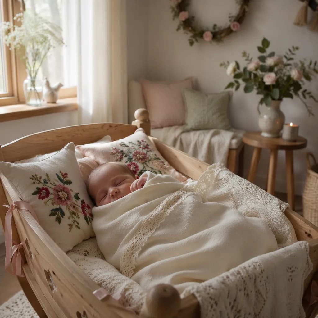 A softly lit cozy nursery with a swaddled newborn and subtle Polish floral details.