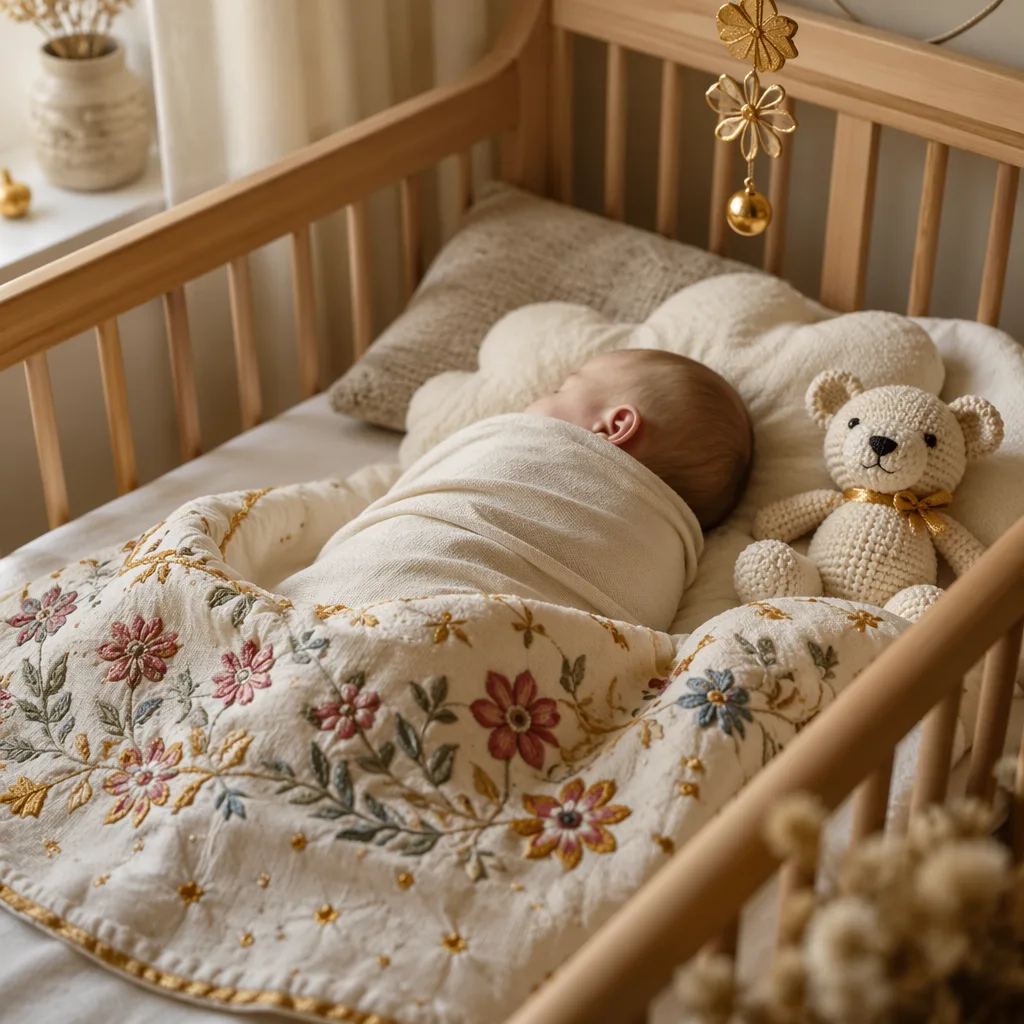 Soft pastel Polish nursery with a swaddled sleeping baby and floral embroidered blanket