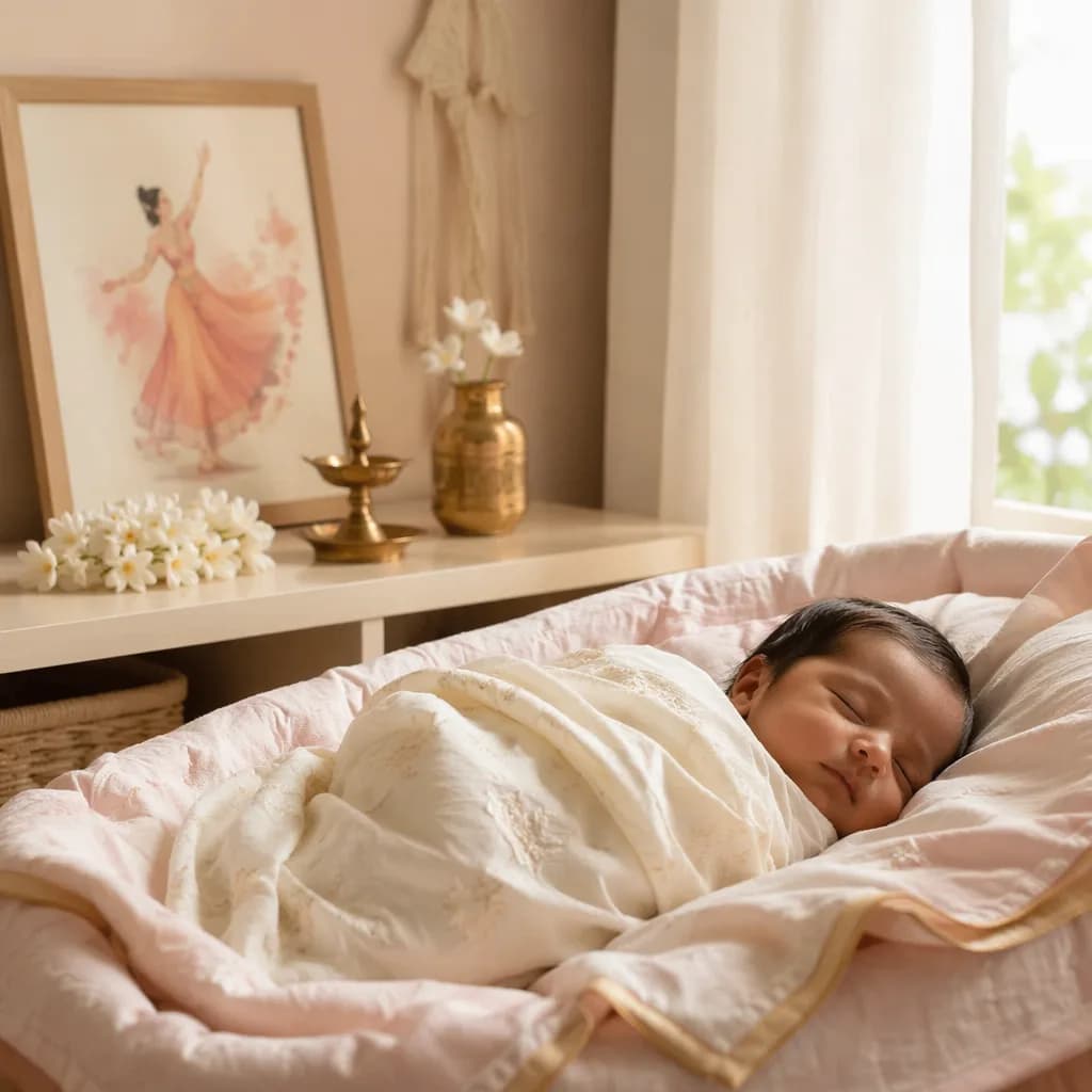 Sleeping baby in a soft Tamil-inspired nursery with jasmine and gold accents.