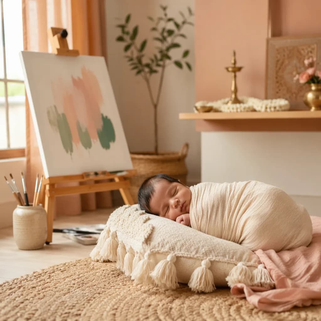 Soft nursery scene with a swaddled baby, pastel art easel, jasmine flowers, and warm natural light.