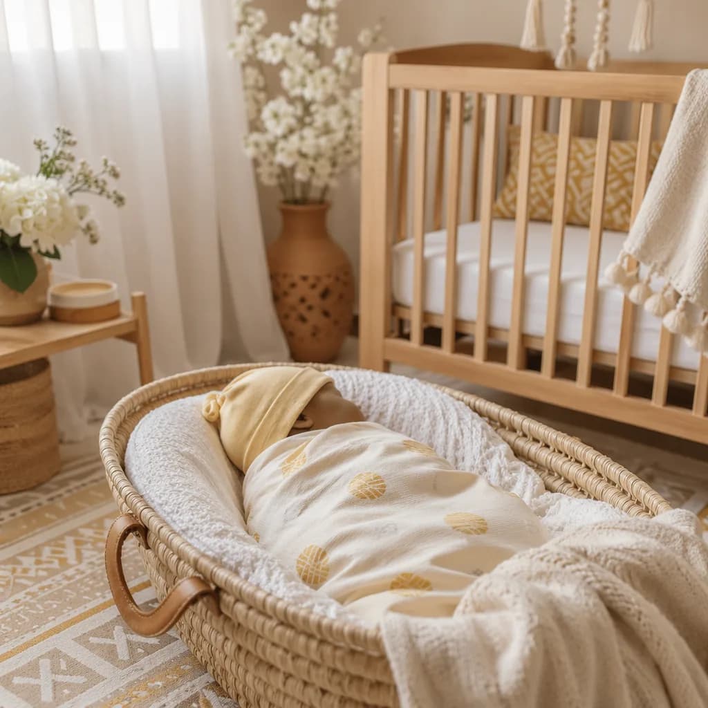Sleeping newborn in a warm pastel Yoruba-inspired nursery with soft golden accents.