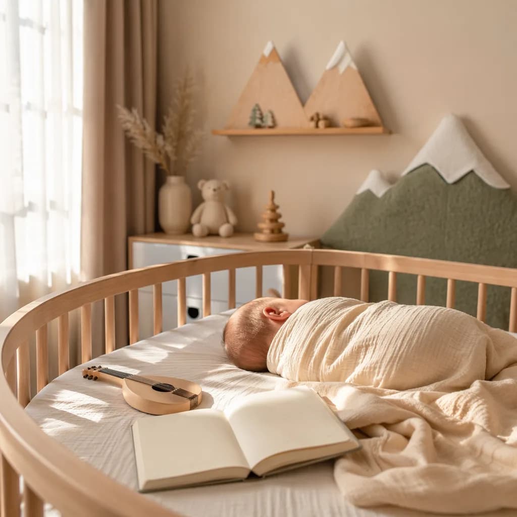Soft pastel nursery with a sleeping baby, wooden music toy, and mountain-inspired decor.