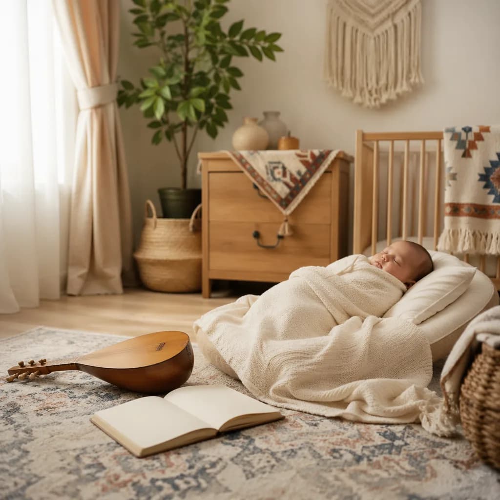 Cozy pastel nursery with a sleeping baby and poetic musical keepsakes.