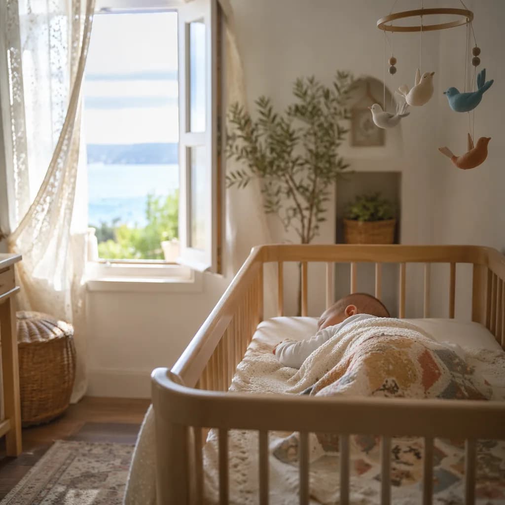 A softly lit nursery with a sleeping baby, bird mobile, and airy open window evoking freedom.