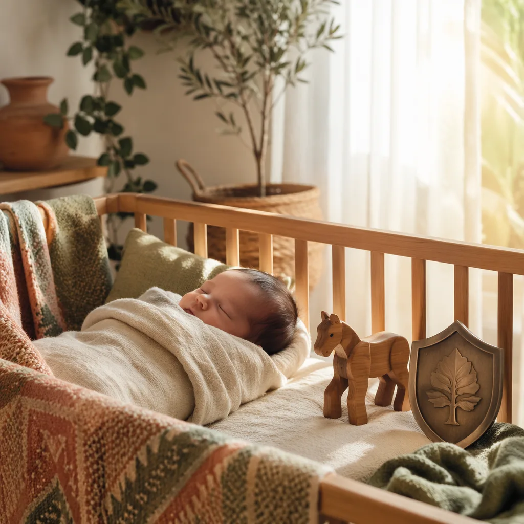 A softly lit cozy nursery with a sleeping swaddled baby and gentle Spanish-inspired keepsakes.