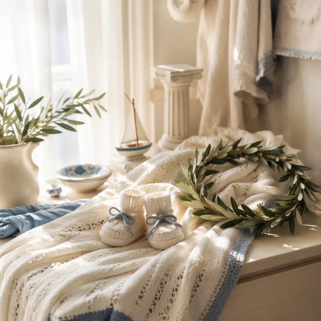 Cozy Greek-inspired nursery still-life with baby booties, olive branches, and soft Aegean blue accents.