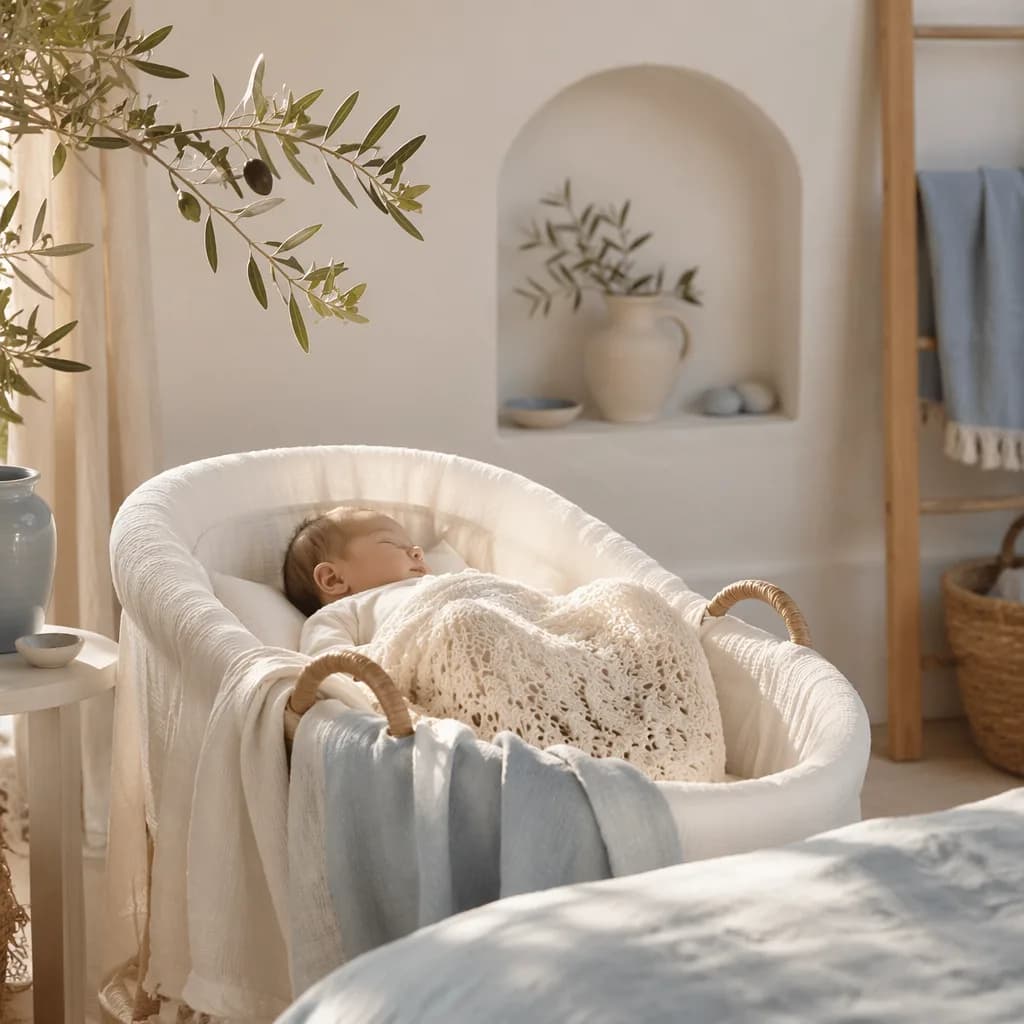 Sleeping newborn in a soft Greek-inspired nursery with olive branch decor.