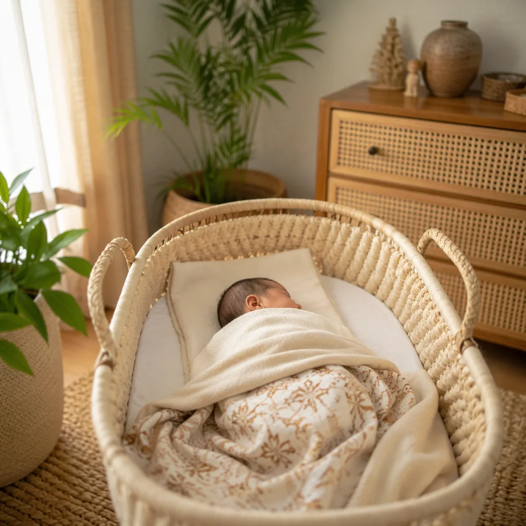 Peaceful Indonesian-inspired nursery with a sleeping baby in soft warm light.