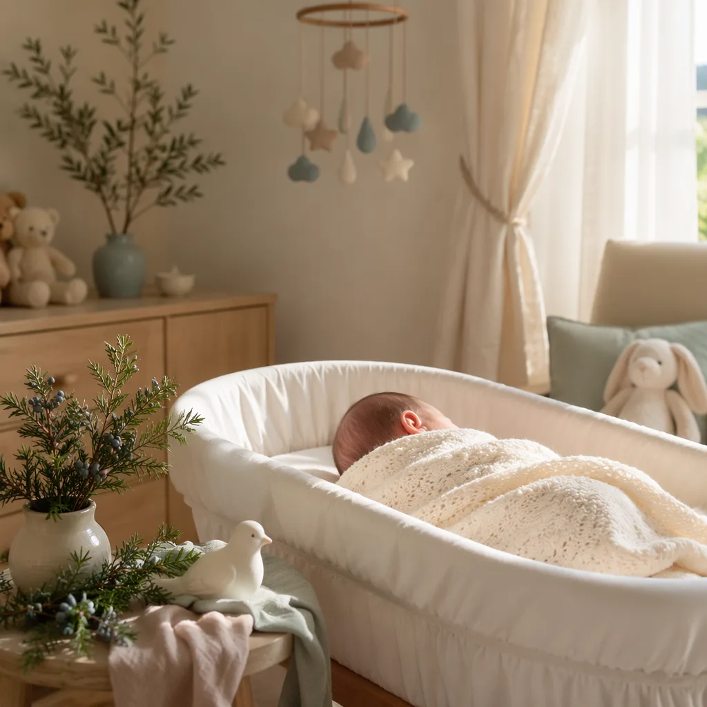 A softly lit Italian-inspired nursery with a sleeping baby, pastel linens, and juniper sprigs.