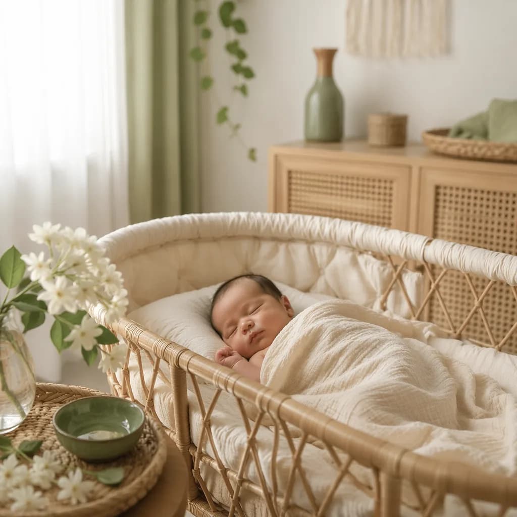 Sleeping baby in a soft pastel Indonesian-inspired nursery with gentle natural light