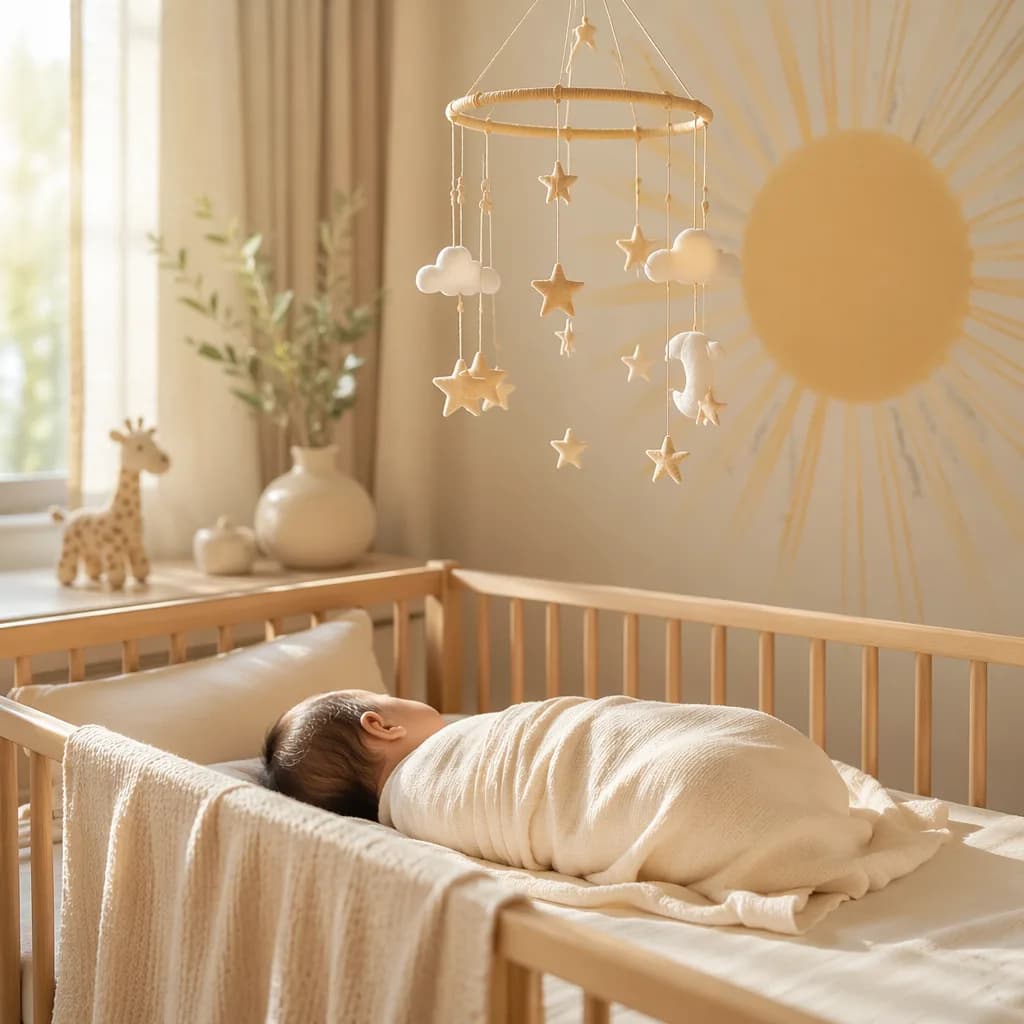 A peaceful pastel nursery with a swaddled baby, star mobile, and soft golden morning light.