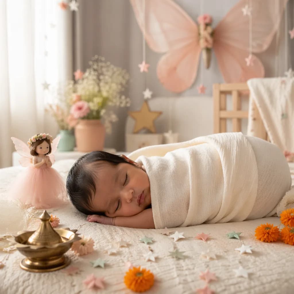 Sleeping newborn in a soft pastel nursery with fairy-inspired decor and gentle Indian accents.