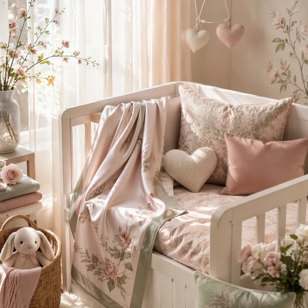 Soft Persian-inspired nursery still-life with silk blanket, warm light, and pastel decor.