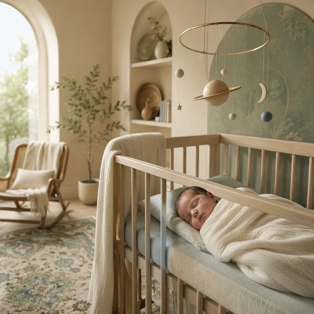 Sleeping baby in a soft Persian-inspired nursery with a celestial mobile.