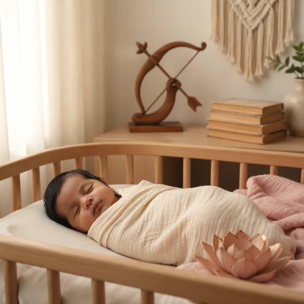 Peaceful Indian baby in a soft nursery with gentle heritage-inspired details.